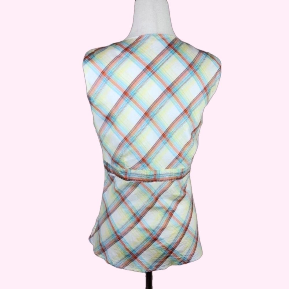 Y2K Vintage Plaid Empire Waist 100% Silk Sleeveless Blouse Medium - Picture 3 of 8